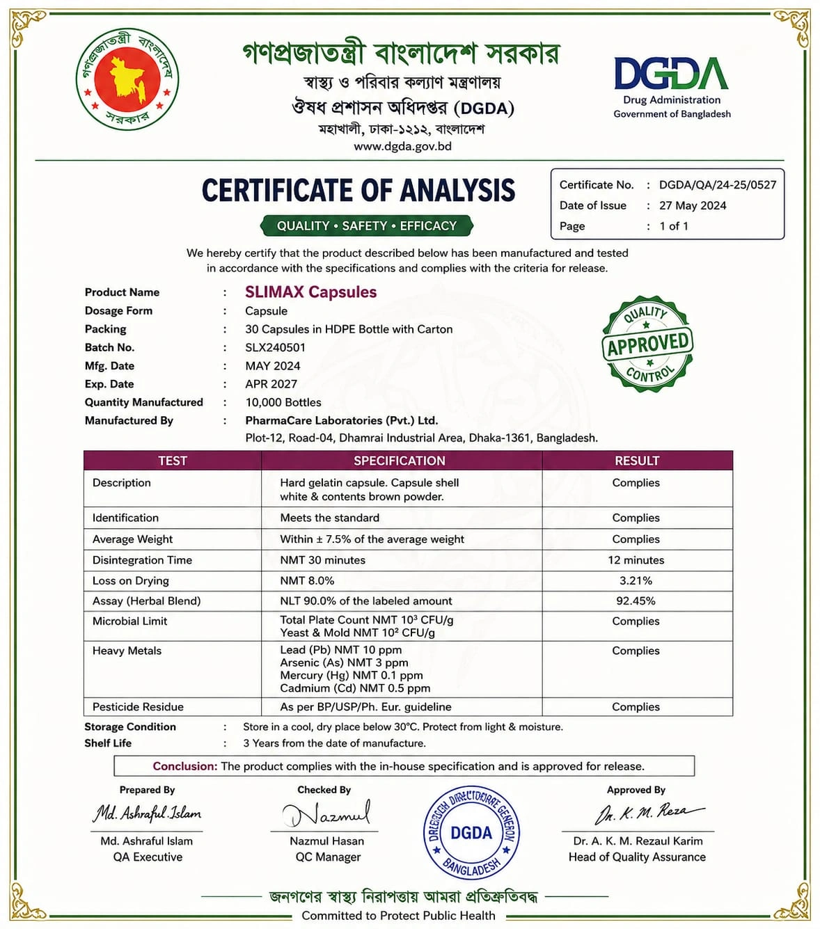 Slimax Certificate